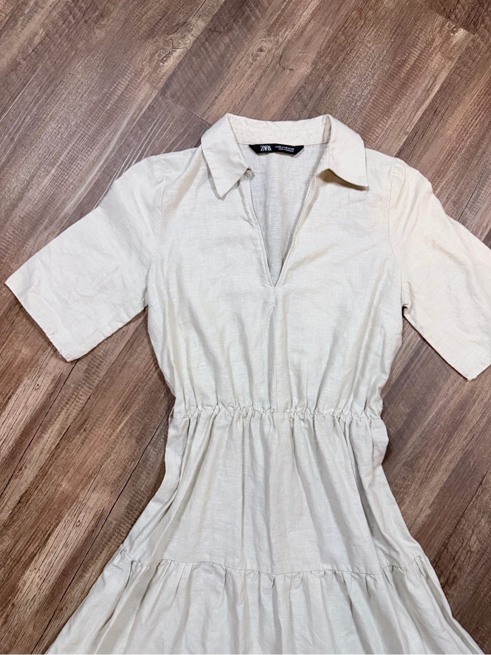 Zara Cream Linen Cotton Tiered Midi Shirt Dress | XS | Like New - Picture 2 of 9